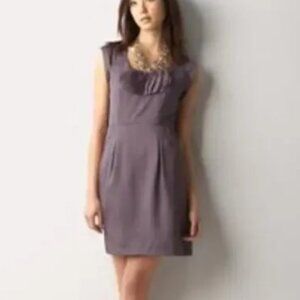 LOFT Heather Purple Satin Ruffle Neck Sheath Dress Pockets Lined Size 0 NWT